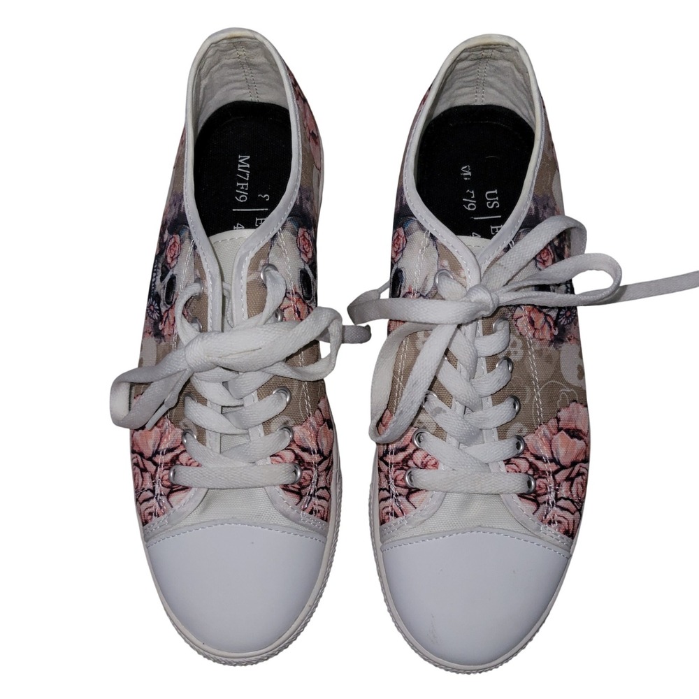 THE GREAT WAVE Skull and Floral Canvas Sneakers Low Top Lace Up Shoes casual 9